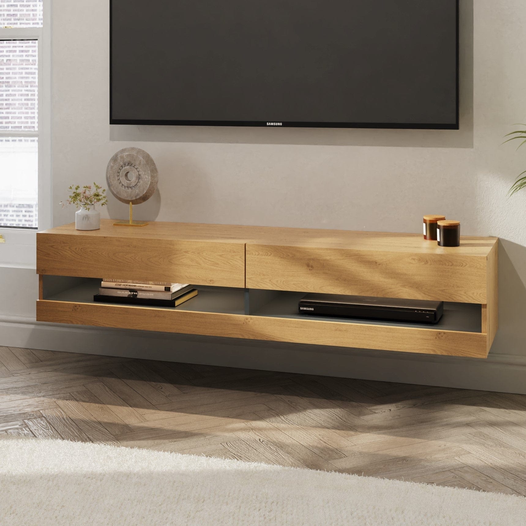 GFW TV Unit Leon 150Cm Wall TV Unit With LED Oak/Anthracite Bed Kings