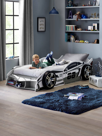 Storm White and Grey High Gloss 90cm Single Race Car Bed