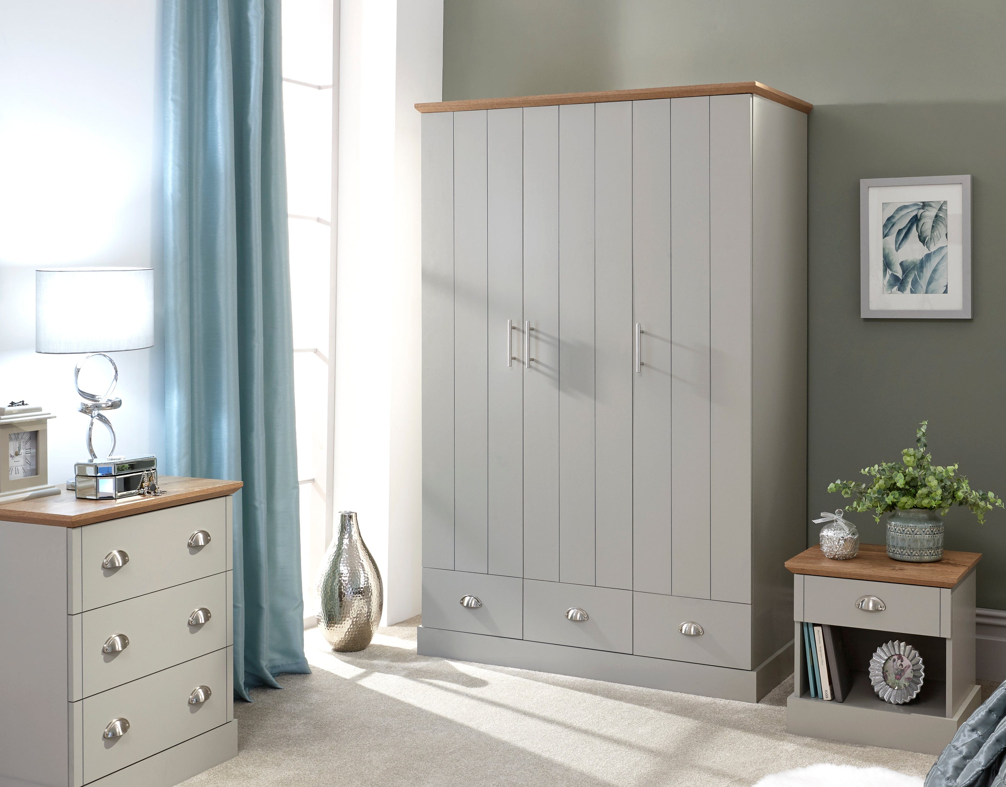 GFW Wardrobe Kendal 3 Door 3 Drawer Wardrobe Grey Bed Kings