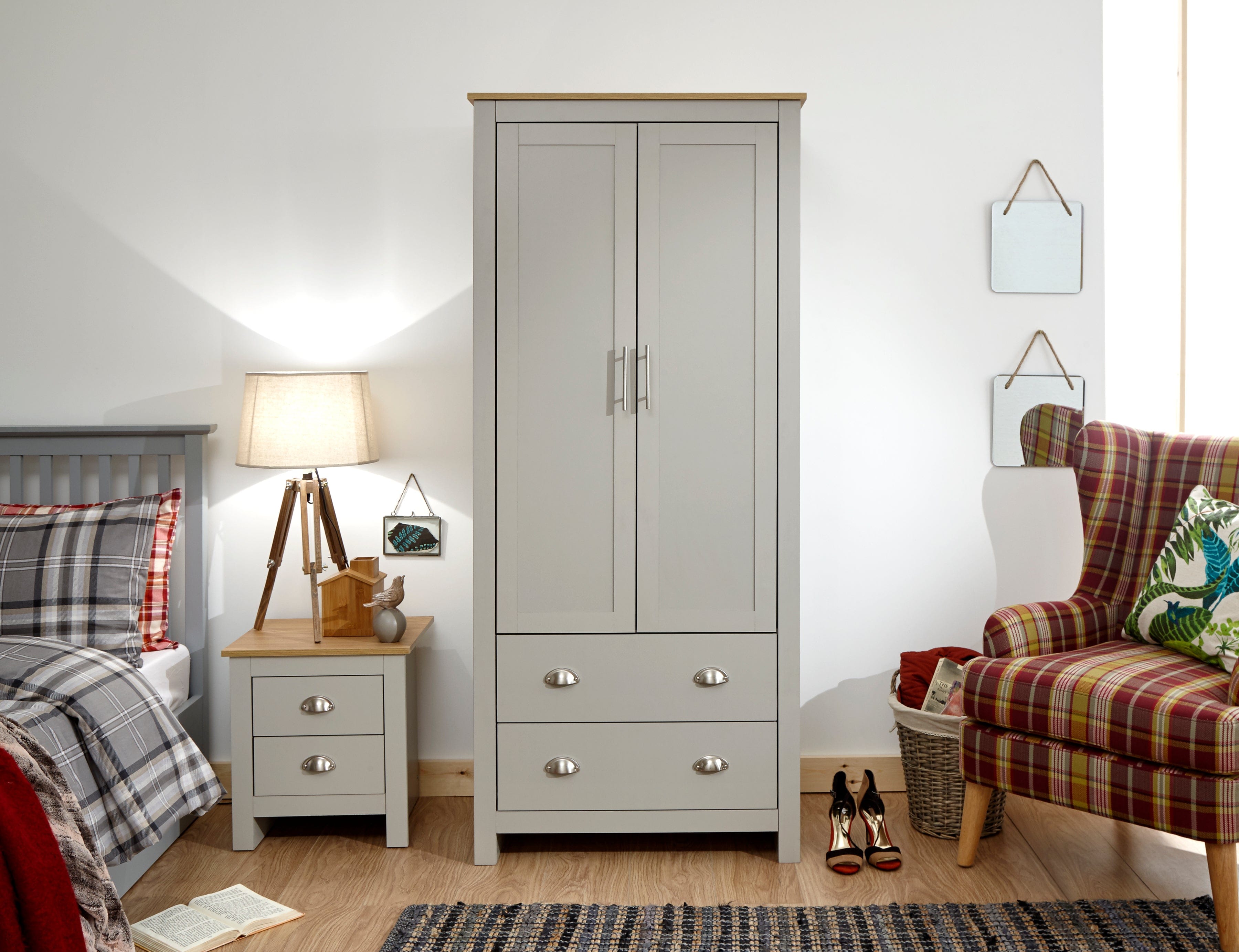 GFW Wardrobe Lancaster 2 Door 2 Drawer Wardrobe Grey Bed Kings