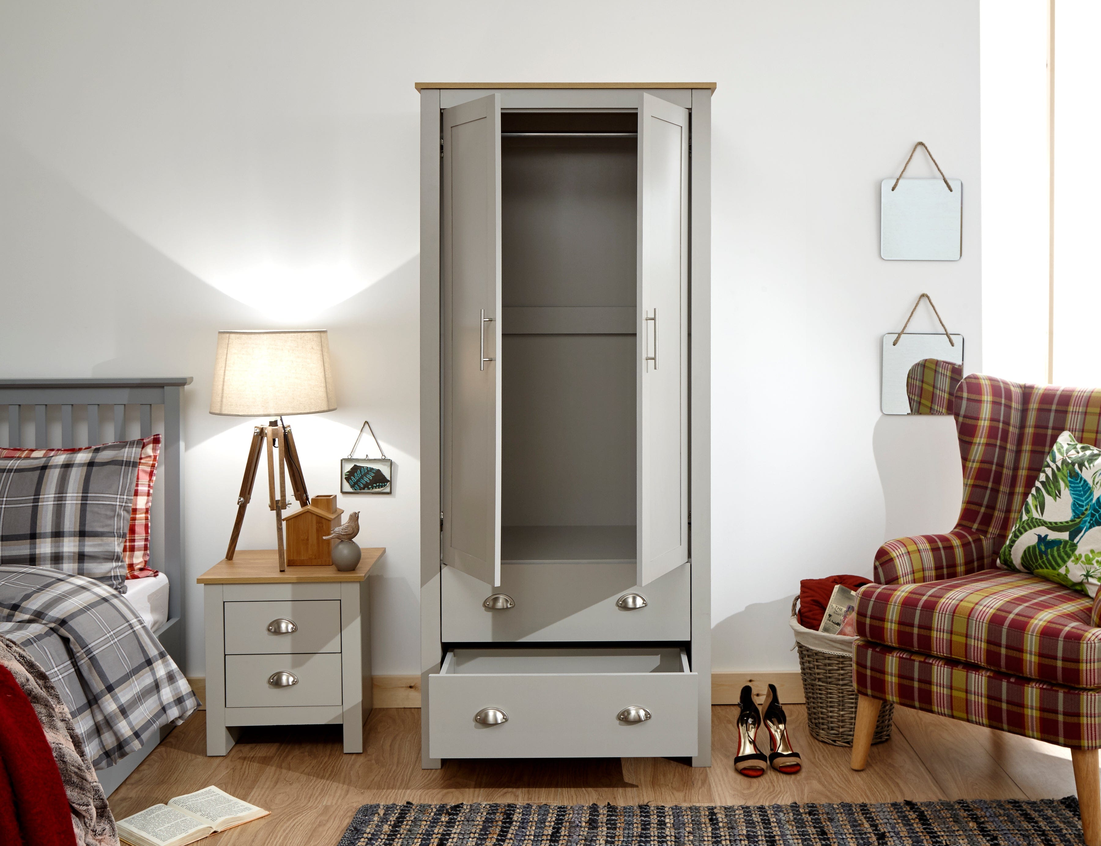 GFW Wardrobe Lancaster 2 Door 2 Drawer Wardrobe Grey Bed Kings