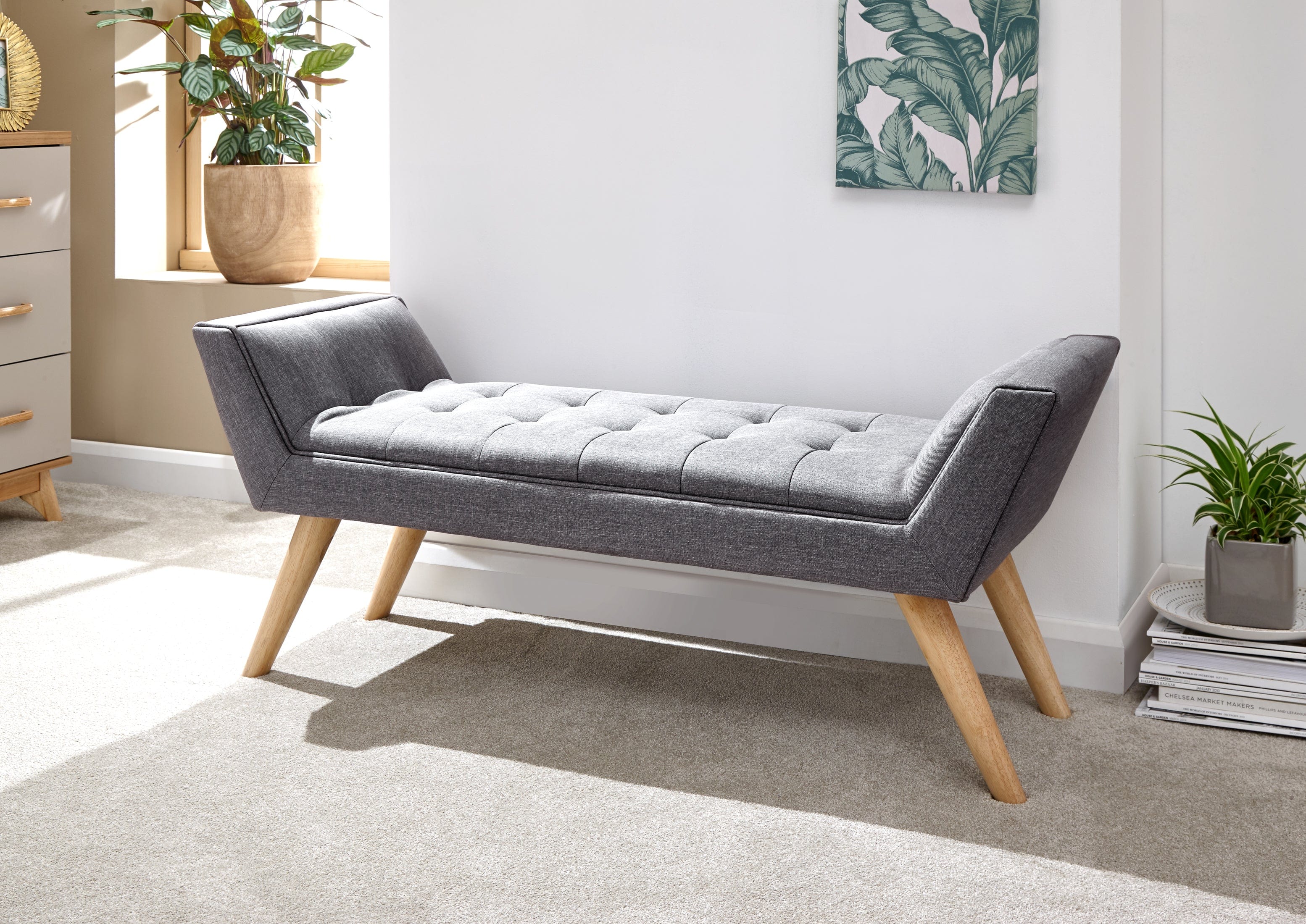 GFW Window Seat Milan Upholstered Bench Dark Grey Hopsack Bed Kings