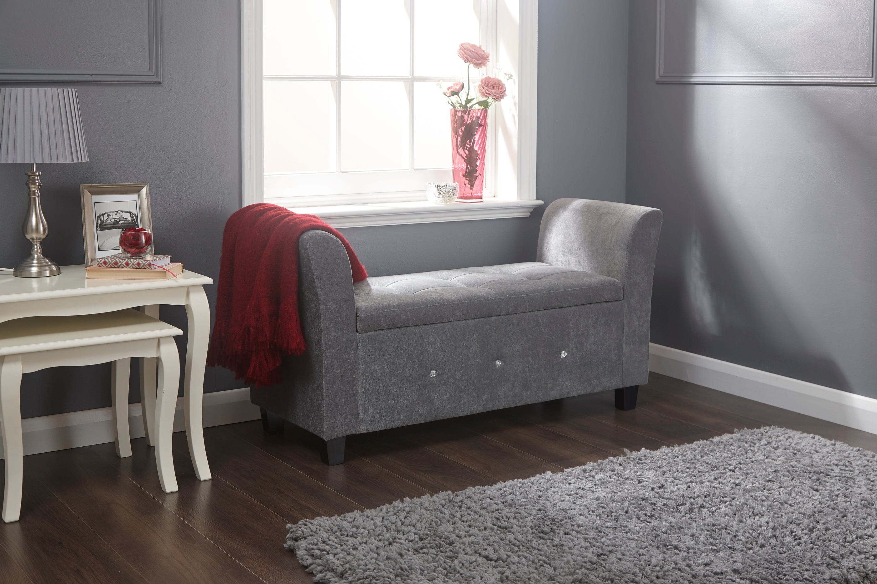 GFW Window Seat Verona Diamante Window Seat Grey Chenille Bed Kings