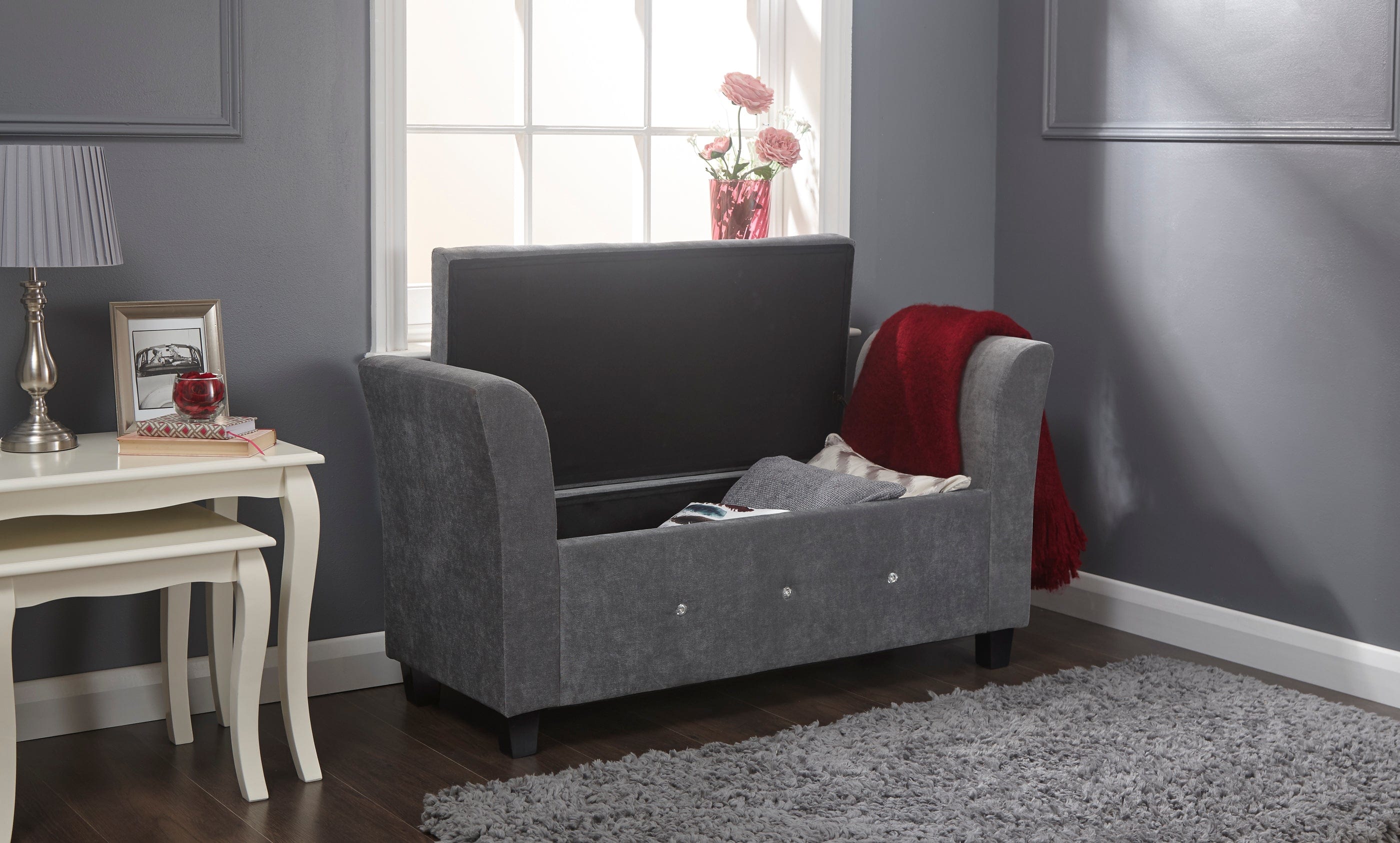 GFW Window Seat Verona Diamante Window Seat Grey Chenille Bed Kings