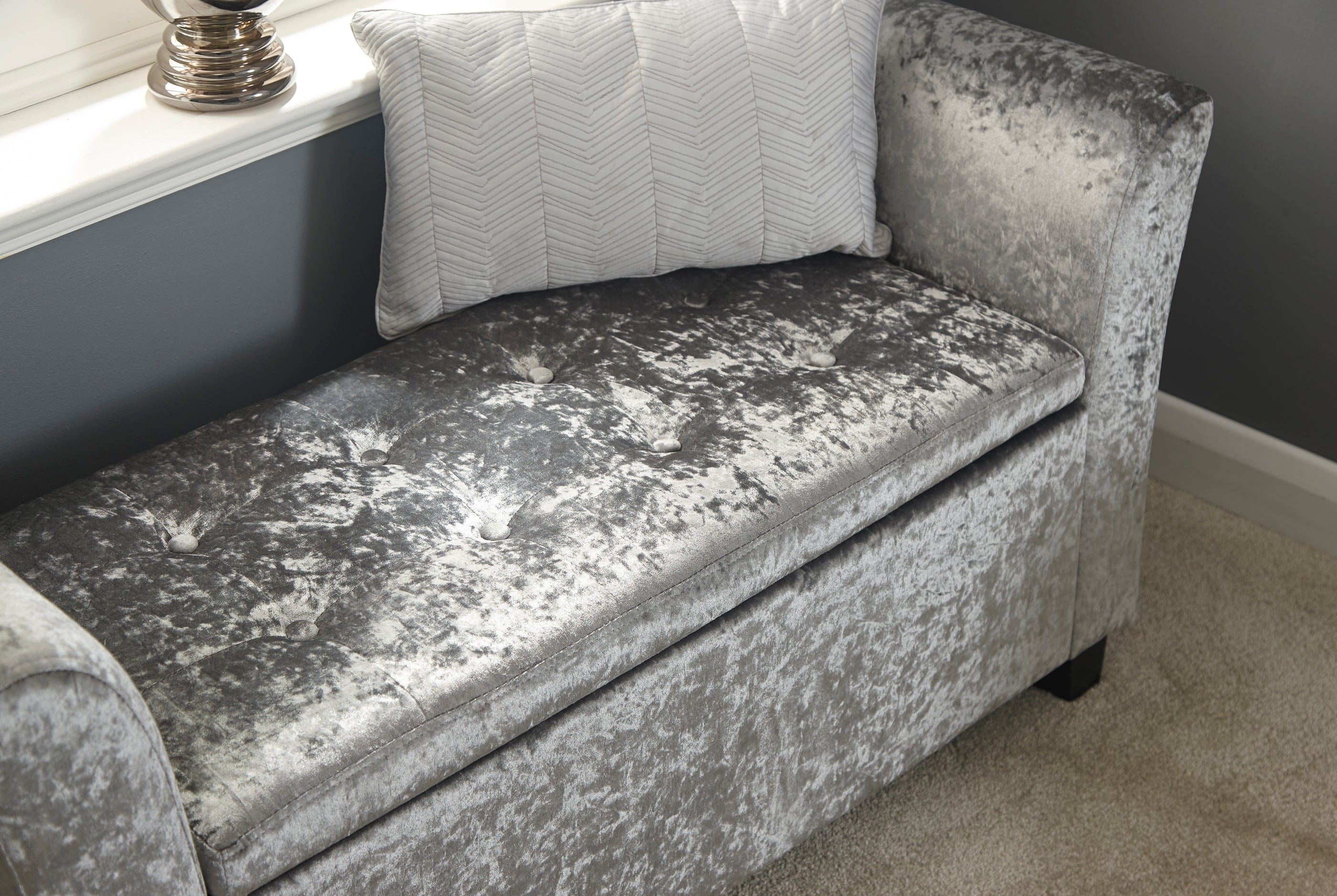 GFW Window Seat Verona Window Seat Grey Crushed Velvet Bed Kings