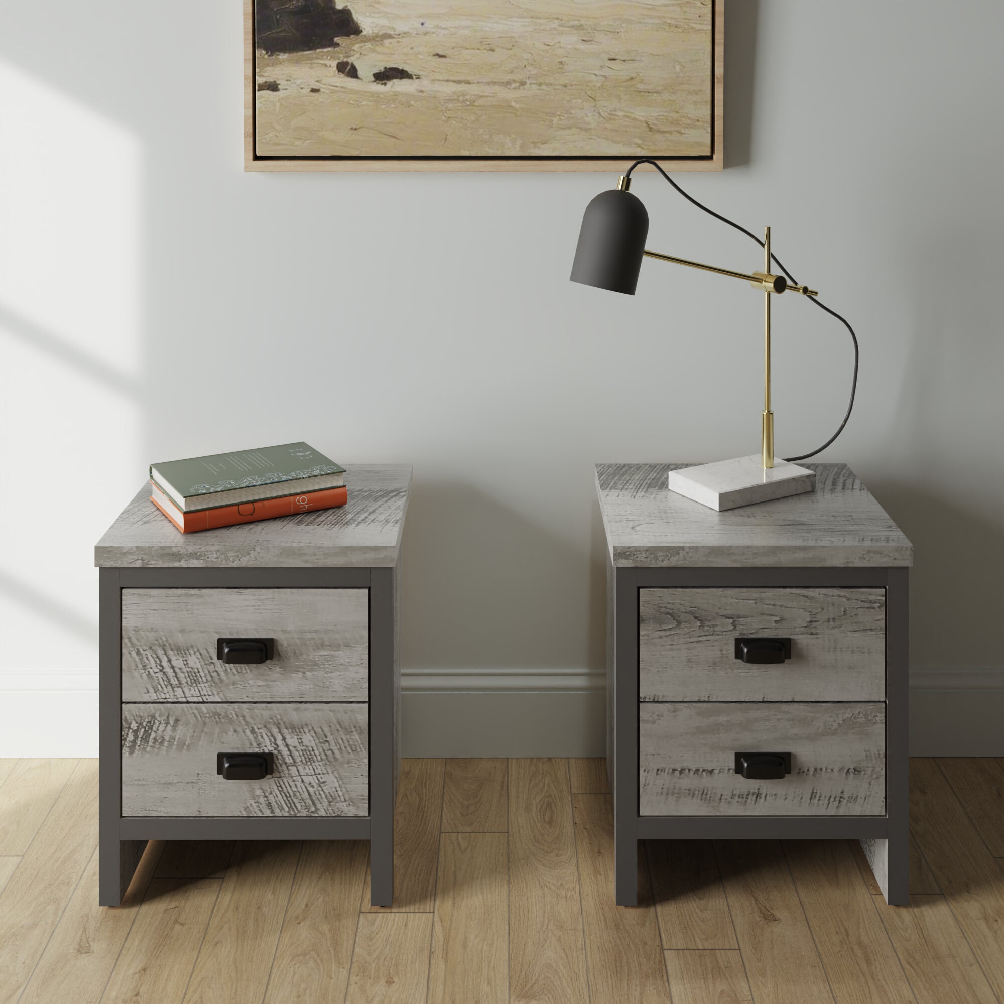 Boston 2 Drawer Bedsides Table In Grey (Pack of Two)