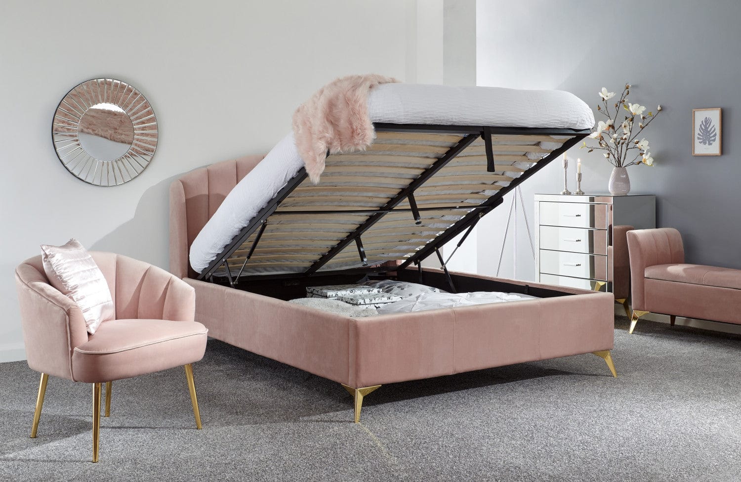 GFW Bedroom Set Pettine 3 Piece Bedroom Set in Pink - Lift Up Bed, Chair & Storage Ottoman Bed Kings