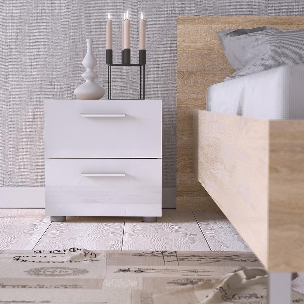 FTG Bedside Cabinet CLEARANCE Pepe Bedside 2 Drawers in Oak with White High Gloss Bed Kings