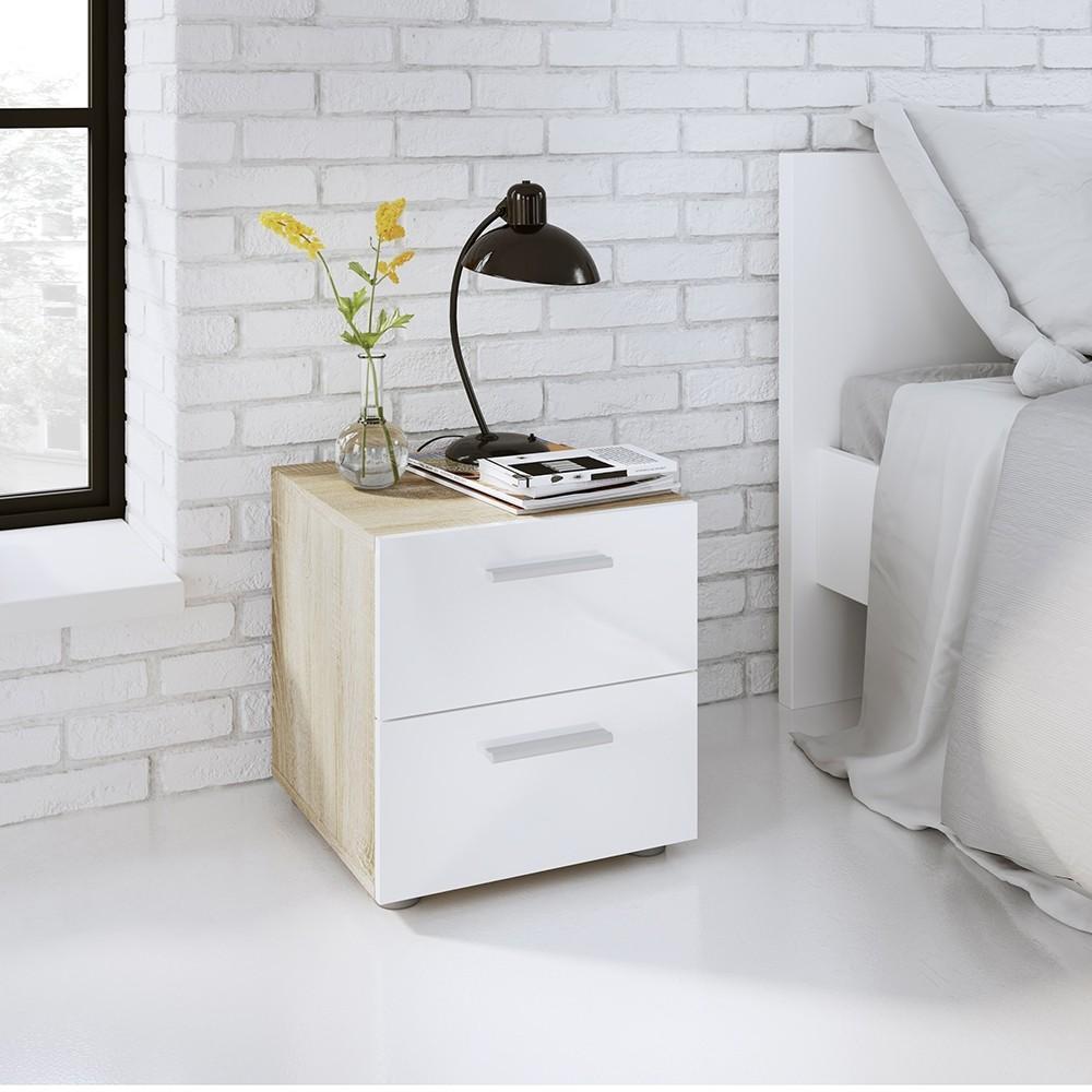 FTG Bedside Cabinet CLEARANCE Pepe Bedside 2 Drawers in Oak with White High Gloss Bed Kings