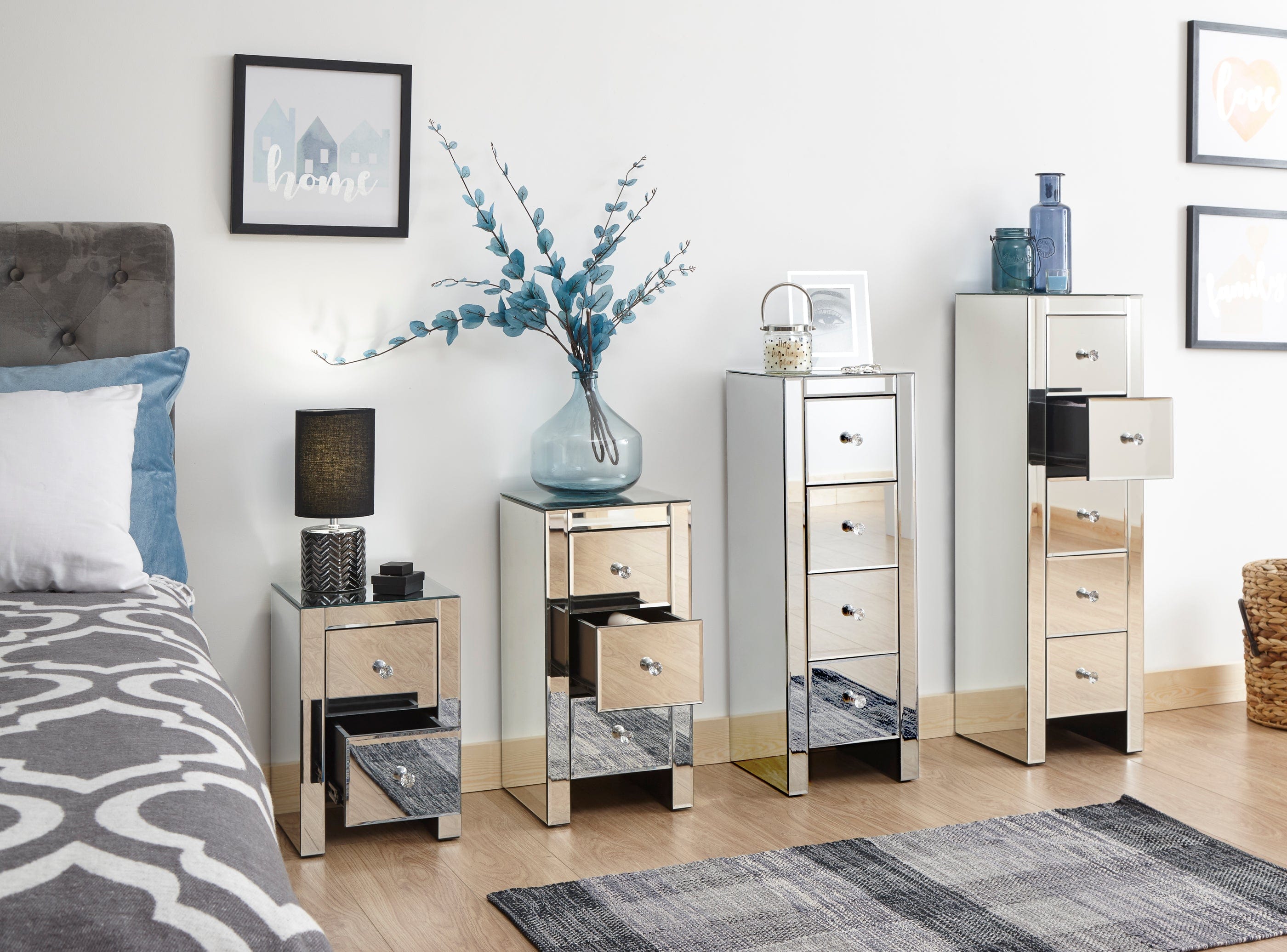GFW Chest Of Drawers Mirrored 2 Drawer Slim Chest Clear Glass Bed Kings