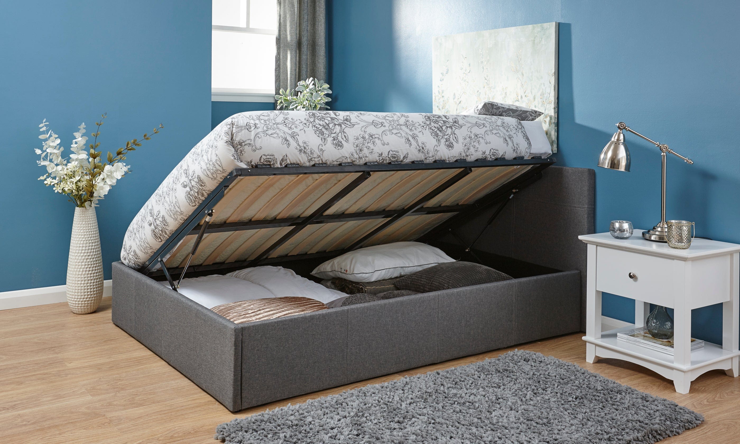 GFW Leather Storage Bed Side Lift Ottoman Bed Grey Bed Kings