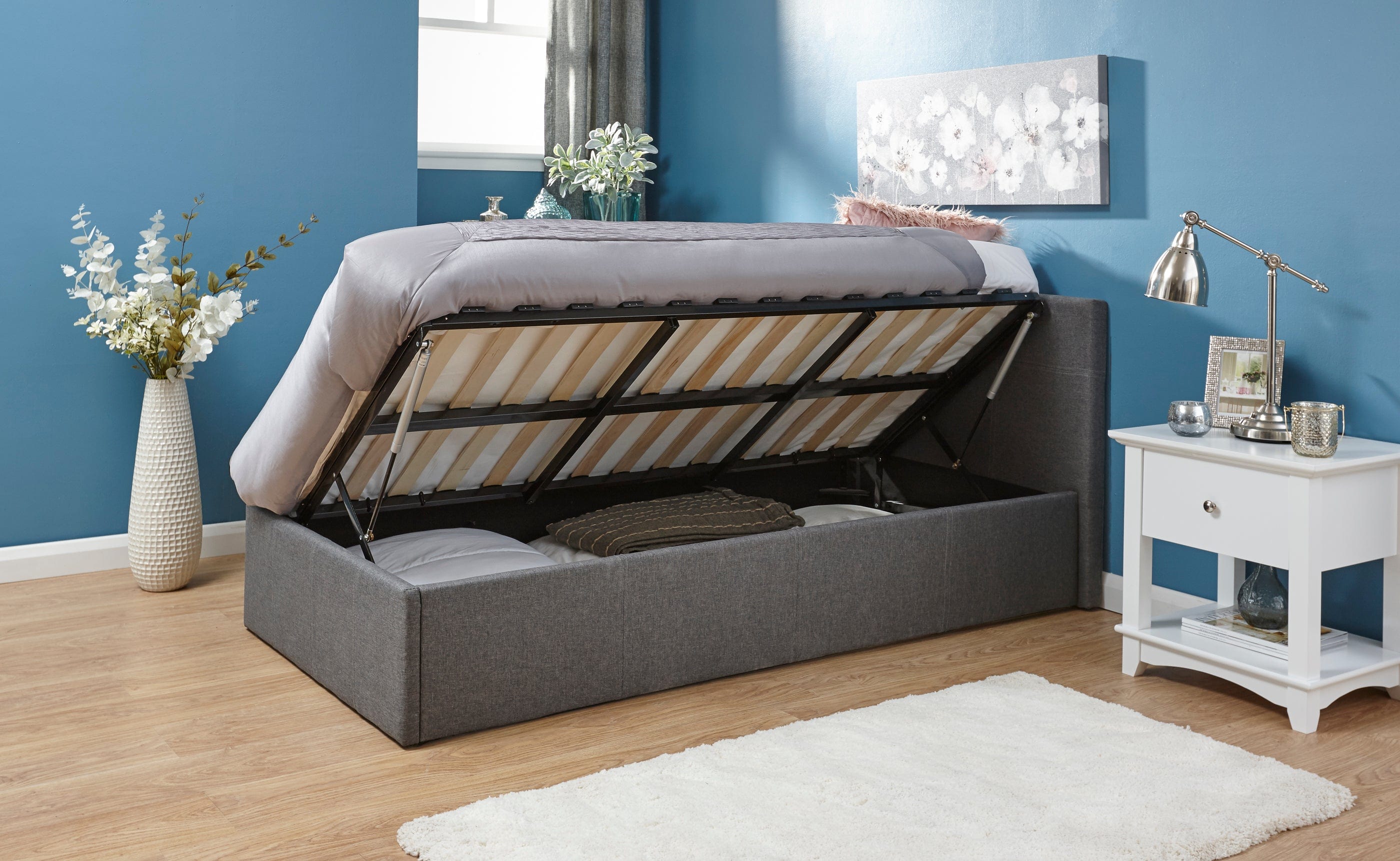 GFW Leather Storage Bed Side Lift Ottoman Bed Grey Bed Kings