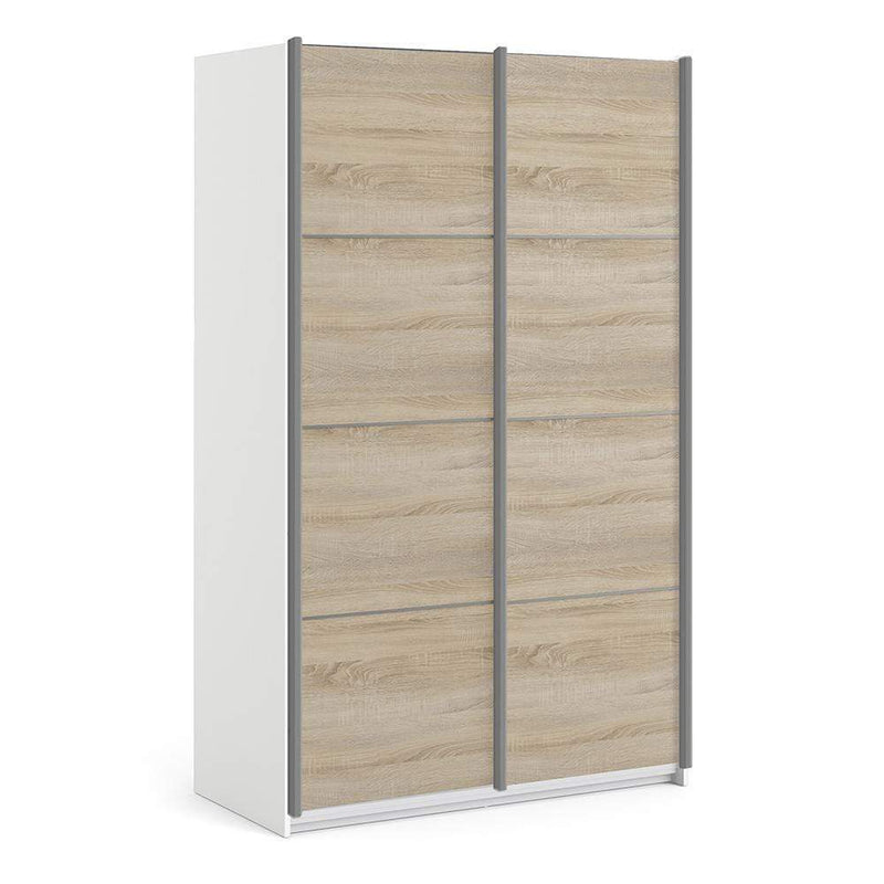 Verona Sliding Wardrobe 120cm in White with Oak Doors with 5 Shelves