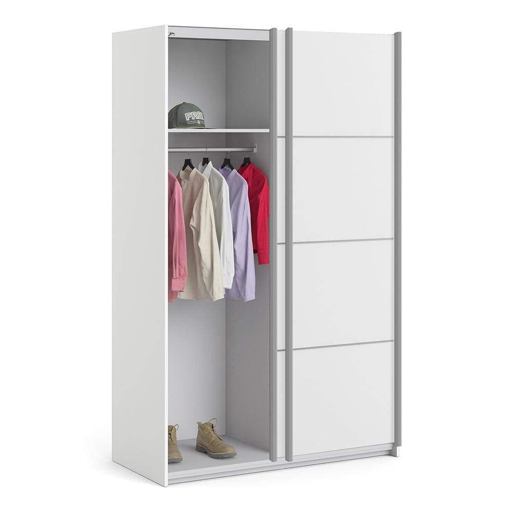 FTG Sliding Wardrobe Verona Sliding Wardrobe 120cm in White with White Doors with 2 Shelves Bed Kings