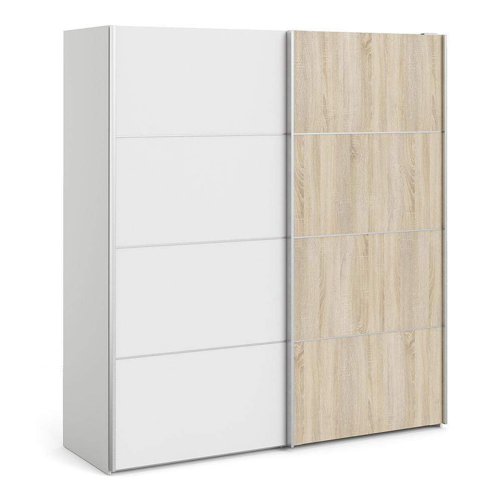 FTG Sliding Wardrobe Verona Sliding Wardrobe 180cm in White with White and Oak doors with 5 Shelves Bed Kings