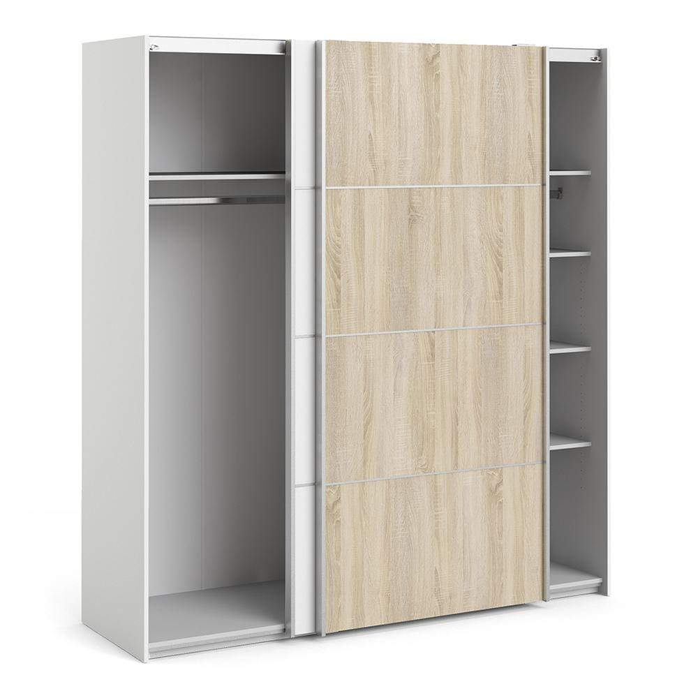 FTG Sliding Wardrobe Verona Sliding Wardrobe 180cm in White with White and Oak doors with 5 Shelves Bed Kings