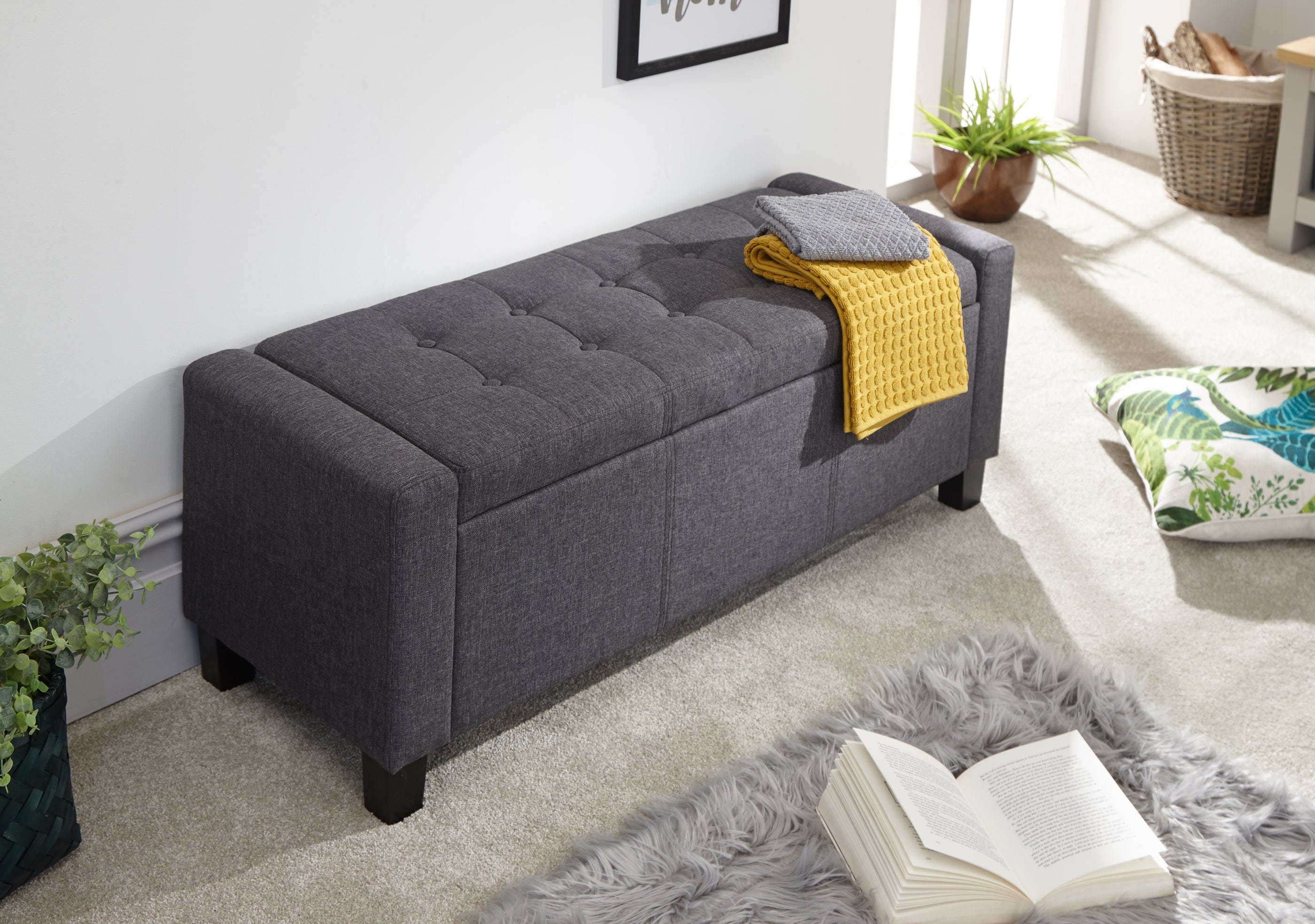 GFW Storage Ottoman Verona Ottoman Bench Charcoal Grey Fabric Bed Kings