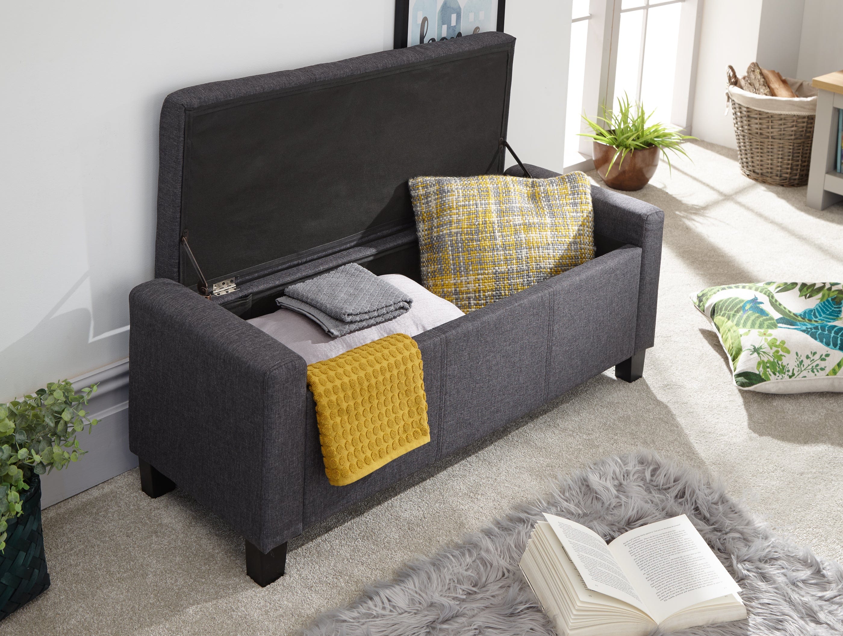 GFW Storage Ottoman Verona Ottoman Bench Charcoal Grey Fabric Bed Kings