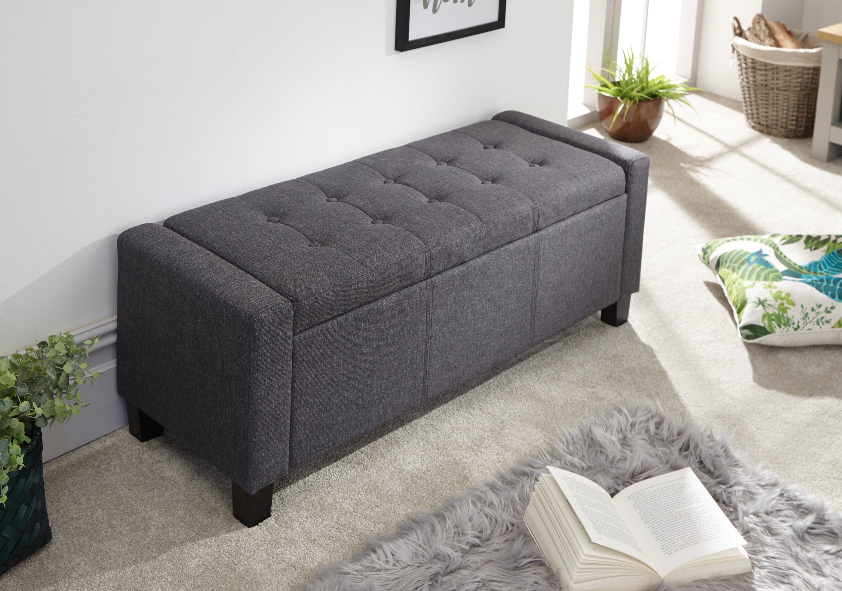 GFW Storage Ottoman Verona Ottoman Bench Charcoal Grey Fabric Bed Kings