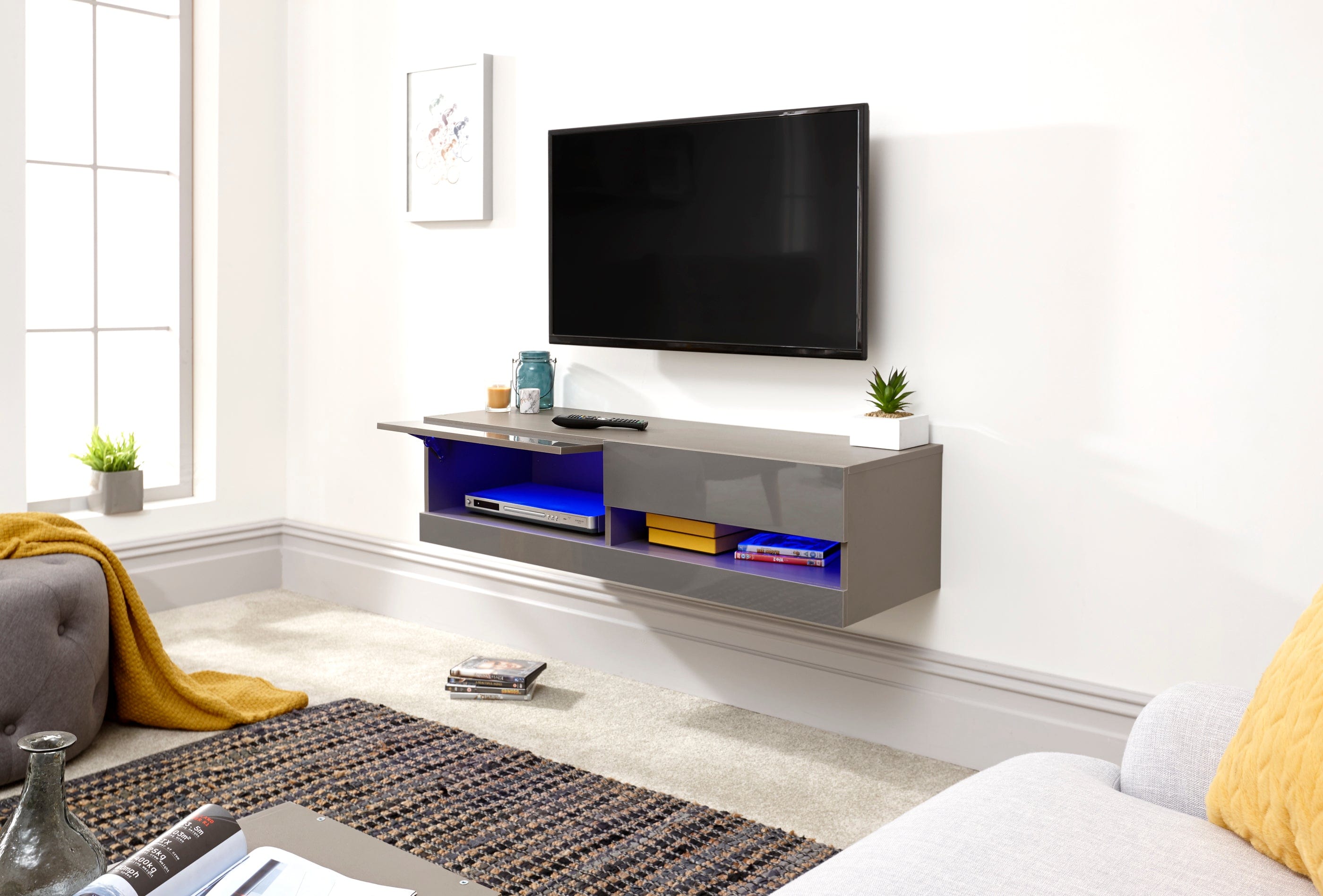 GFW TV Unit Galicia 120Cm Wall TV Unit With Led Grey Bed Kings