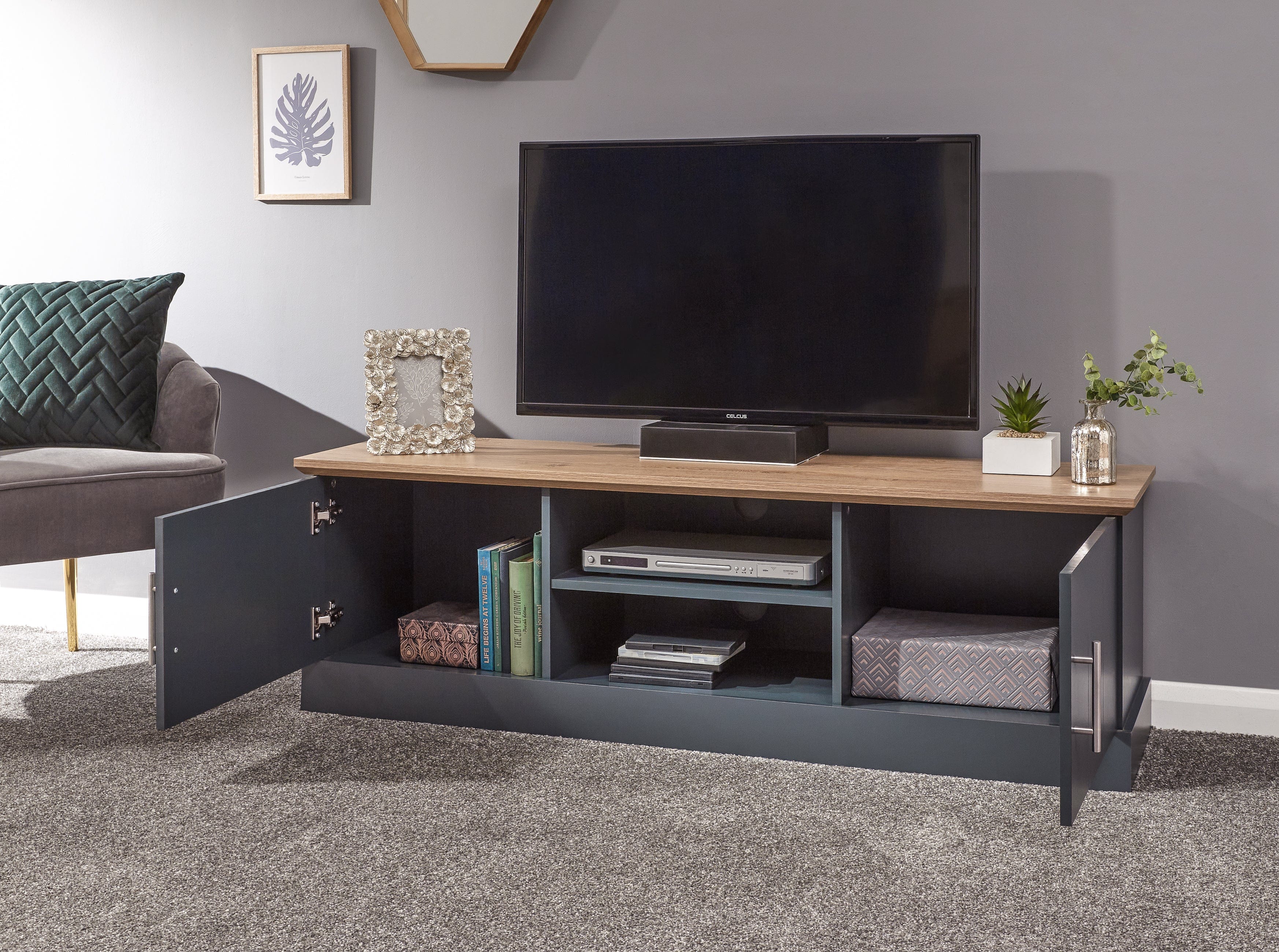 GFW TV Unit Kendal Large Tv Unit Slate Blue Bed Kings