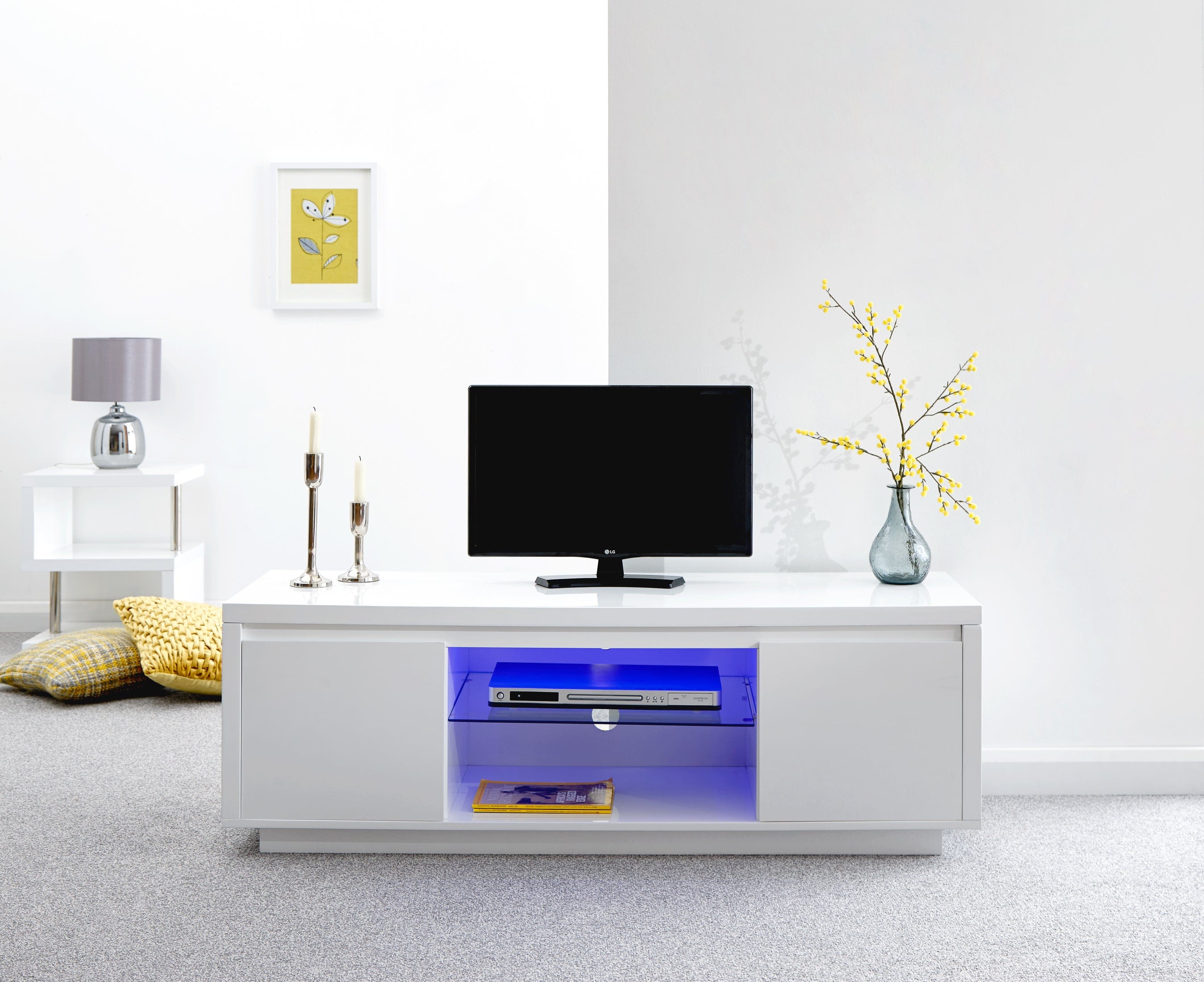 GFW TV Unit Polar High Gloss Led Large TV Unit White Bed Kings