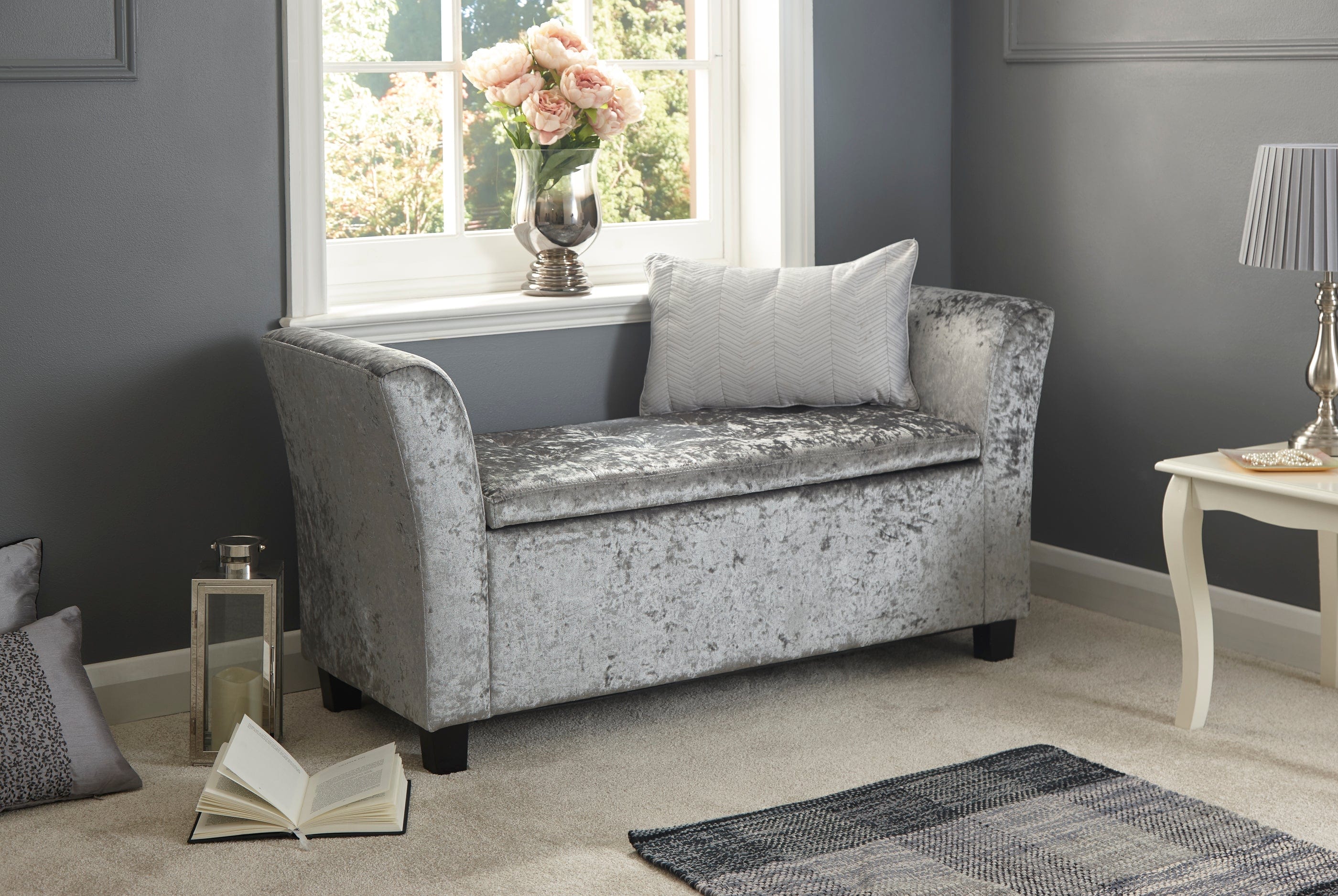 GFW Window Seat Verona Window Seat Grey Crushed Velvet Bed Kings