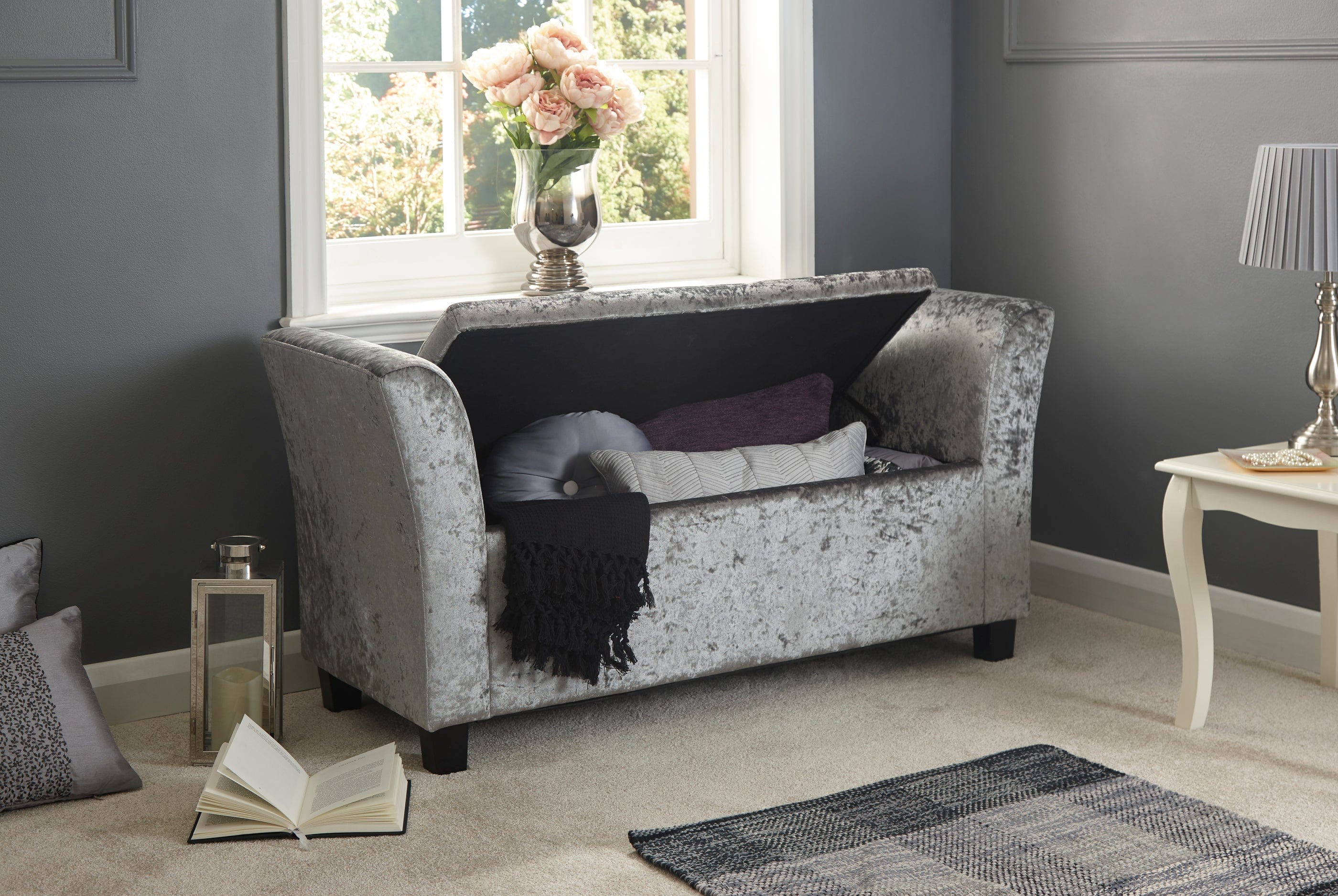 GFW Window Seat Verona Window Seat Grey Crushed Velvet Bed Kings