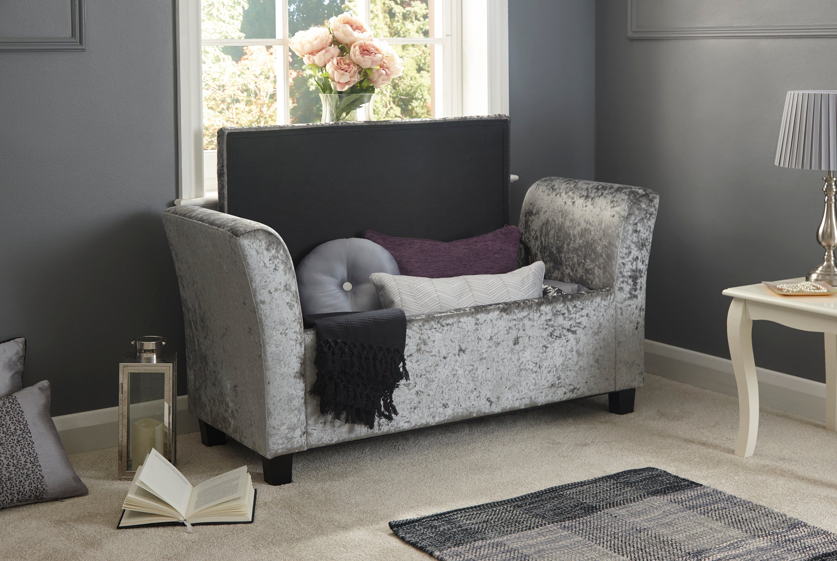 GFW Window Seat Verona Window Seat Grey Crushed Velvet Bed Kings