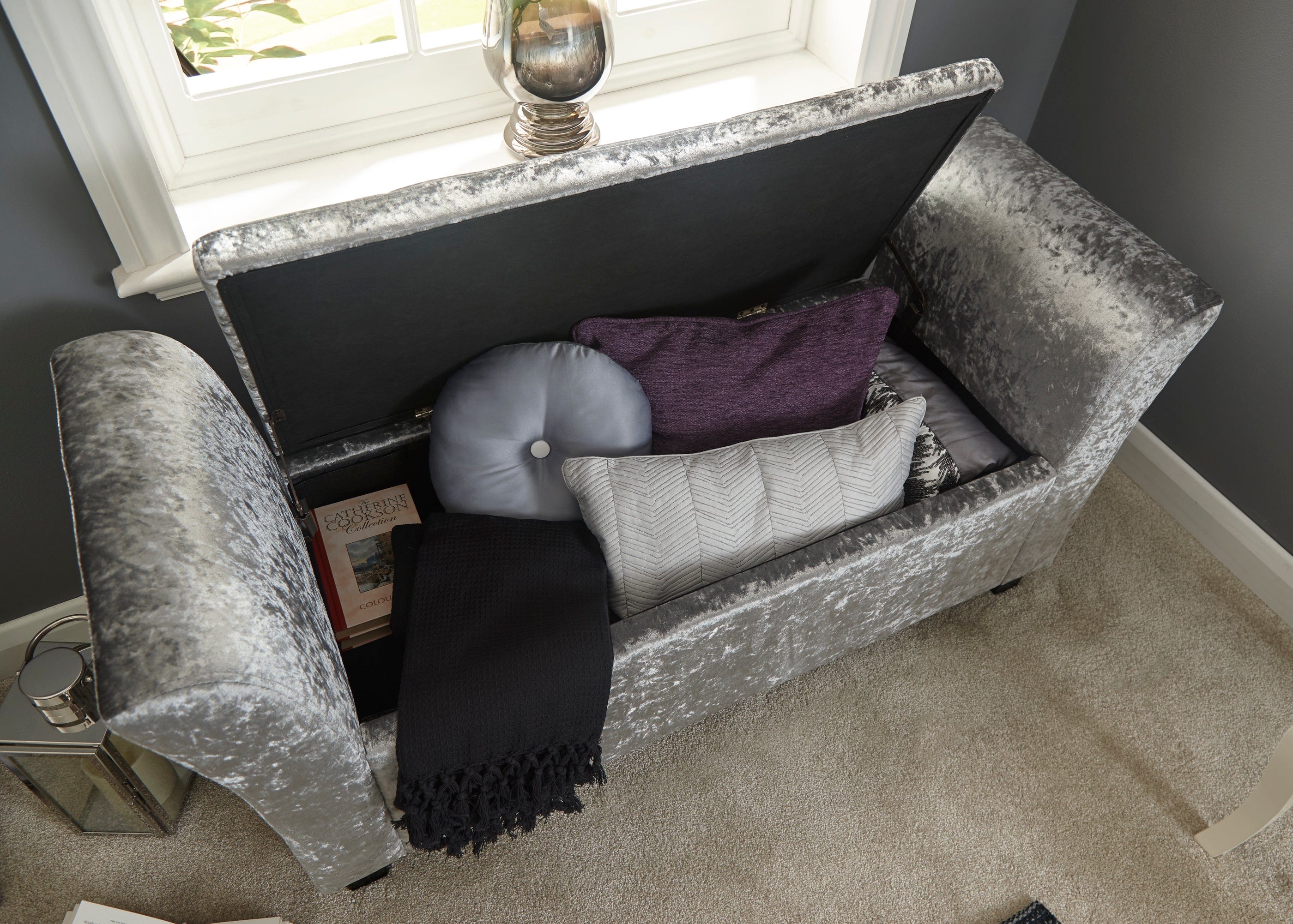 GFW Window Seat Verona Window Seat Grey Crushed Velvet Bed Kings